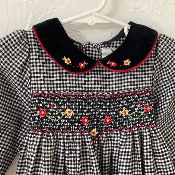 Rare Editions Smocked Houndstooth Floral velvet trim dress size 18M EUC - Picture 4 of 14